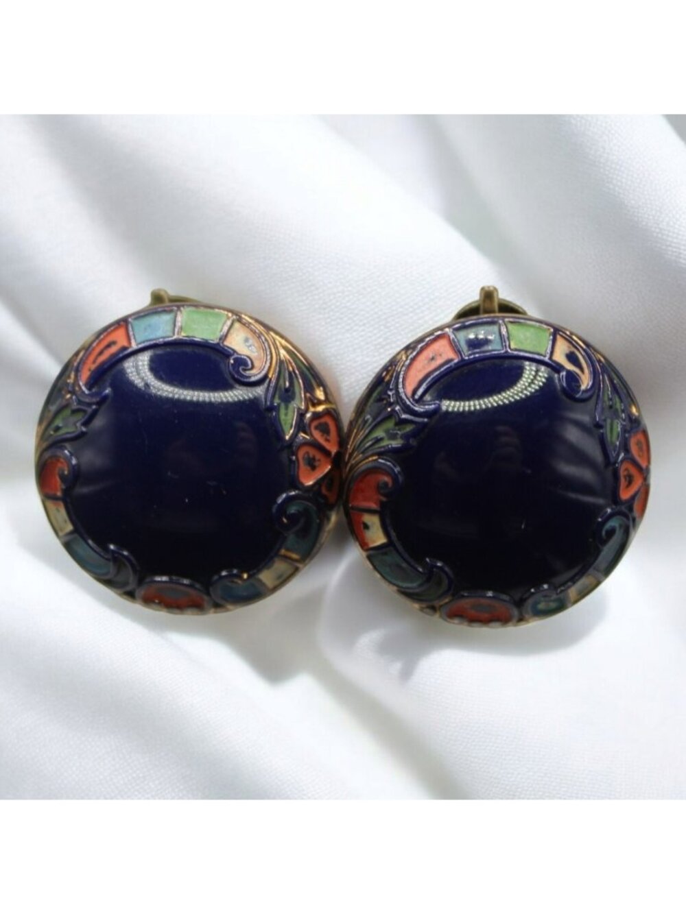 Vtg MCM Art Glass Button Clip On Huggie Earrings Removable Clip Ons